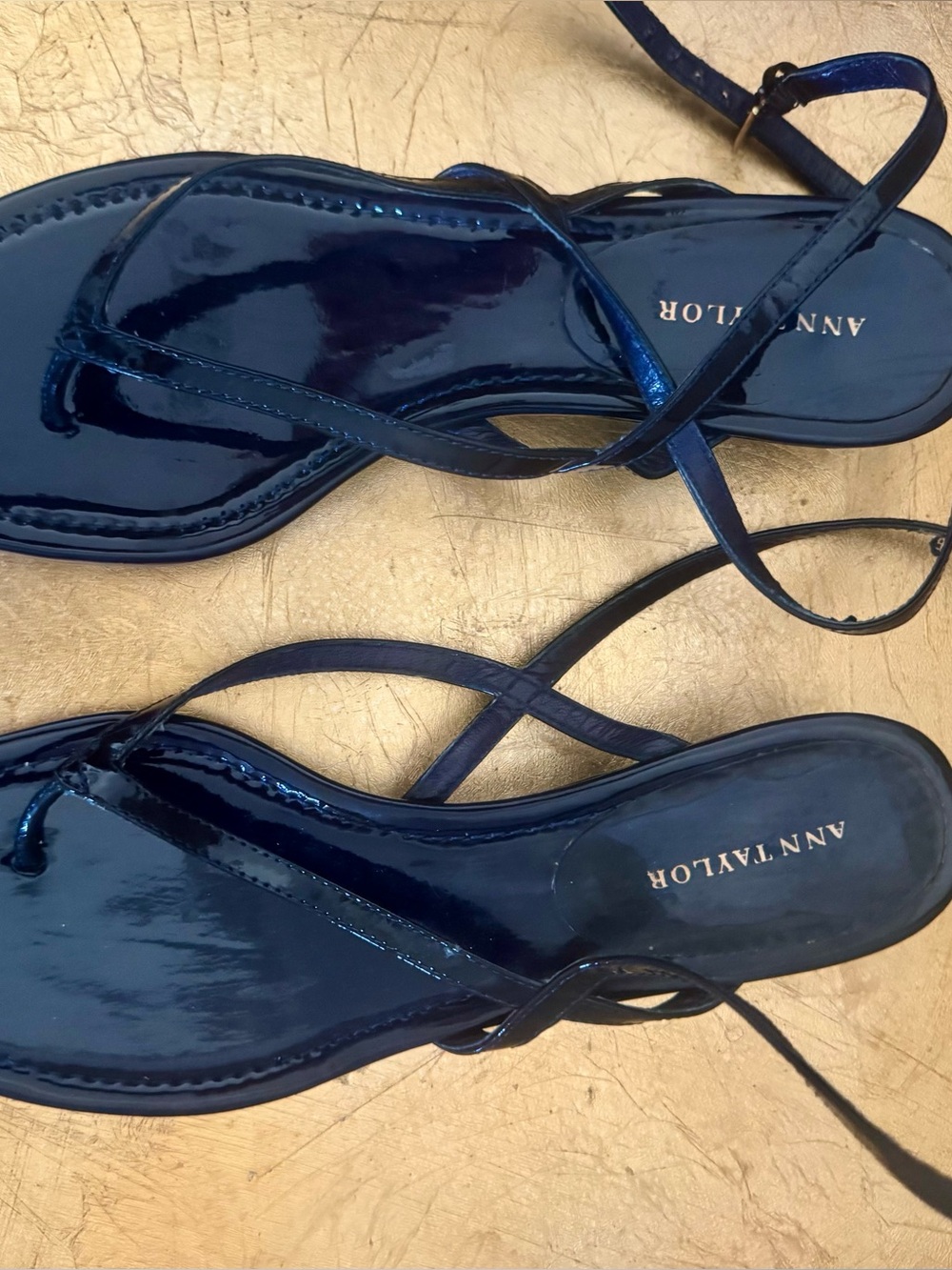 Ann Taylor Navy Patent Strappy Thong Sandals